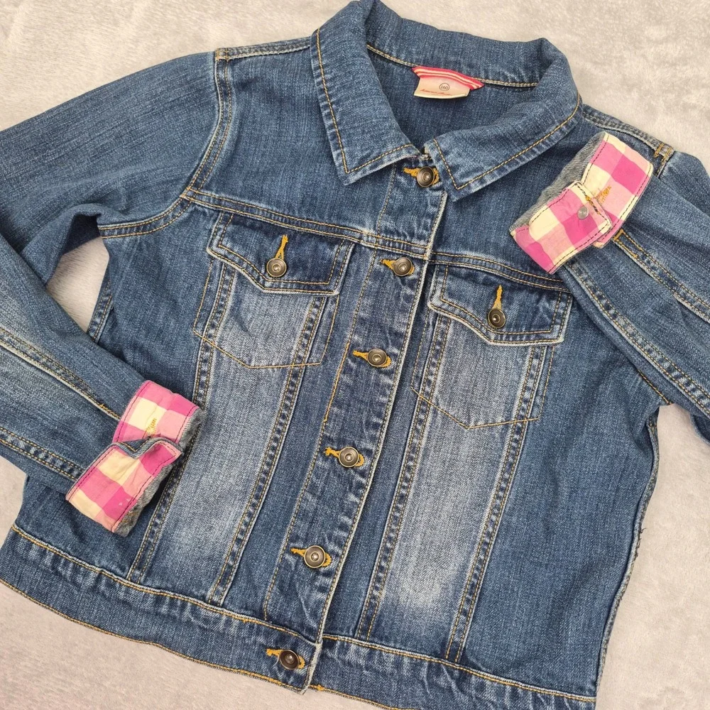 Hanna Andersson Girls Denim Jacket Blue Pink Gingham 160 XL 14 / 16 Youth Kids
